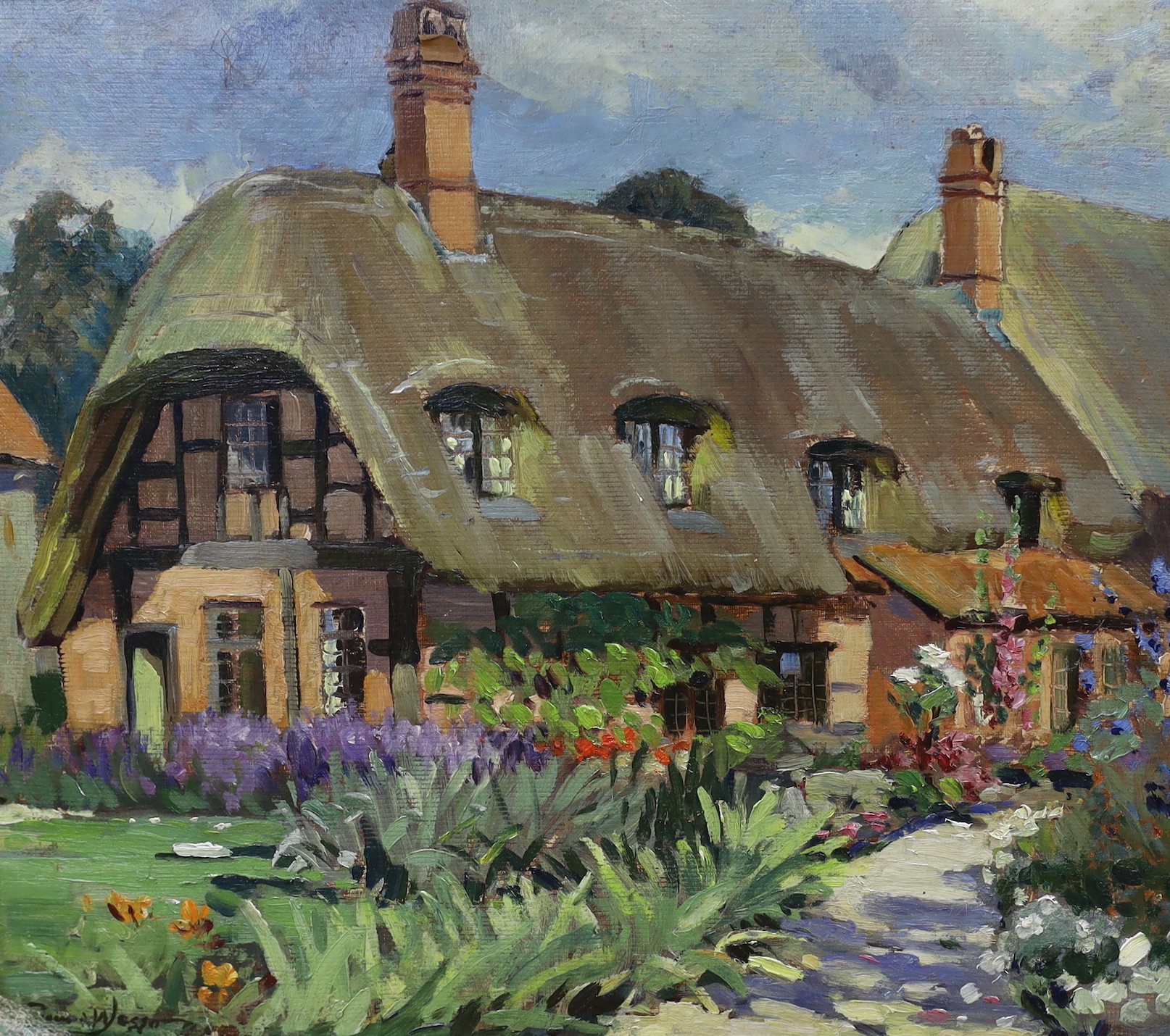 After Edward Wesson (1910-1983), oil on board, Thatched cottage and garden, signed, 34 x 39cm